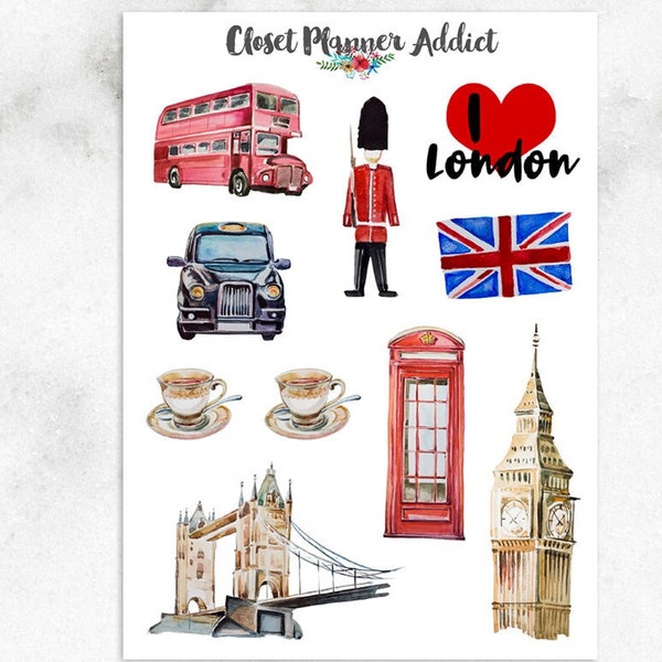 I Love London Planner Stickers | London Stickers | Travel Stickers | Red Phone Box | Black Cab | Tower Bridge Stickers | Big Ben (S-466)