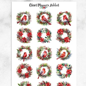 Pegatinas para planificador con flores y pinzones navideños / Navidad 2023 / Pegatinas de flores de Pascua / Coronas navideñas / Acuarela navideña (S-699)