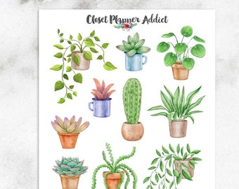 Watercolour Potted House Plants Planner Stickers | Plants Stickers | Green Plants Stickers | House Plants | Cactus Stickers (S-715)