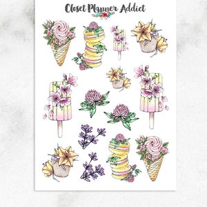Pegatinas para planificador de helados, pasteles y macarrones / Pegatinas para postres / Pegatinas para cupcakes / Pegatinas florales / Pegatinas de acuarela (S-580)