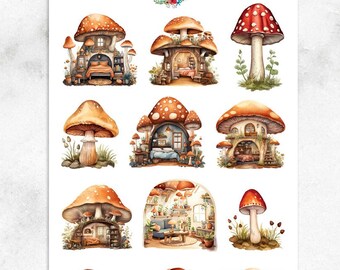 Woodland Mushroom Homes Planner Stickers | Cozy Home Stickers | Mushroom Stickers | Whimsical Mushroom Houses (MGB-OCT2023)