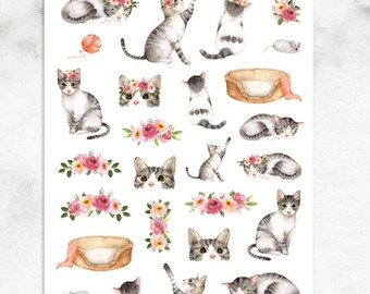 Watercolour Cats Planner Stickers | Cats Stickers | Watercolour Stickers | Watercolour Cats | Floral Stickers | Cat Lovers (S-334)
