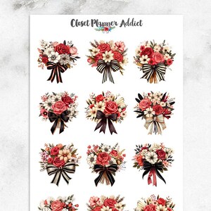 Pegatinas para planificador con motivos florales retro de estilo pop art / Flores de acuarela / Pegatinas florales / Flores retro / Ramos florales / Flores rosas (S-719)