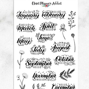 Bonjour mois autocollants pour agenda | Stickers pour agenda mensuel | Stickers monochromes | Autocollants floraux à gribouiller (S-431)
