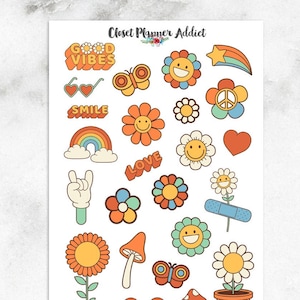Adesivos de planejador retrô Stay Groovy 70s | Adesivos estilo anos 70 | Adesivos de paz | Adesivos florais | Adesivos de arco-íris (MGB-FEB2023)