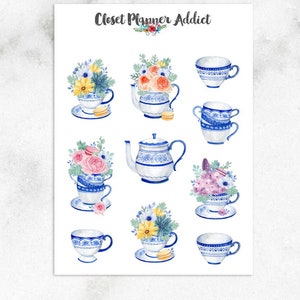 Blumen In Blau China Planner Stickers | Blumen Aufkleber | Teetasse Aufkleber | Aquarell Sticker (S-514)