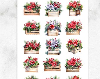 Flores de Navidad de acuarela en pegatinas del planificador de cajas de madera / Navidad 2023 / Pegatinas de Navidad / Pegatinas de Poinsettia (S-693)