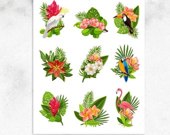 Tropical Birds Planner Stickers | Tropical Plants Stickers | Summer Stickers | Floral Stickers | Flamingo Stickers (S-412)