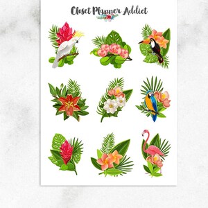 Pegatinas para planificador con pájaros tropicales, pegatinas de plantas tropicales, pegatinas de verano, pegatinas florales, pegatinas de flamencos (S-412)