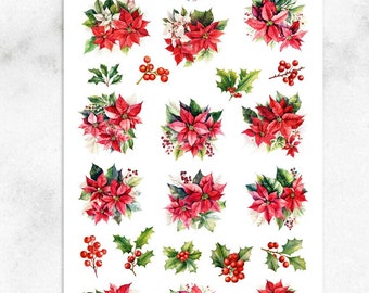 Acuarela Navidad Poinsettias Planner Pegatinas / Navidad 2023 / Flores de Navidad / Pegatinas de Poinsettia / Flores de acuarela (S-694)