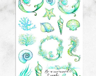 Watercolour Mermaids Planner Stickers | Illustrated Watercolour Stickers| Mermaid Stickers | Mermaid Quote | Shells (S-225)