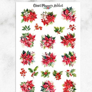 Pegatinas para planificador con flores de Pascua de acuarela para Navidad / Navidad 2023 / Flores navideñas / Pegatinas con flores de Pascua / Flores de acuarela (S-694)