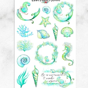 Stickers aquarelle sirènes pour agenda | Stickers aquarelle illustrés| Stickers sirène | Citation de sirène | Coquillages (S-225)