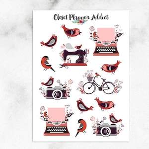 Cute Typewriters and Birds Planner Stickers | Typewriter Stickers | Camera Stickers | Bird Stickers (S-573)
