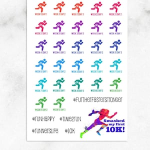 May include: A set of colourful running themed planner stickers with a runner icon and text that says "Week 1 Day 1" through "Week 9 Day 3". The stickers are arranged in a grid pattern. Below the stickers is the text "#FurtherFasterStronger", "#runhappy", "#TIME2run", "#runnerslife", and "#10k". There is a larger sticker of a runner with the text "Smashed my first 10K!"
