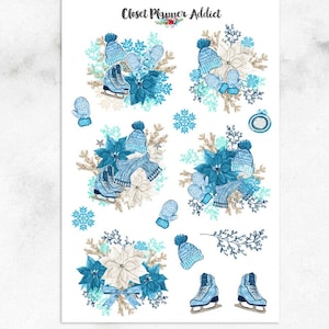 Hello Winter Planner Stickers | Autocollants d'hiver | Stickers neige | Autocollants de patinage sur glace | Météo des chandails | Stickers flocon de neige (S-401)