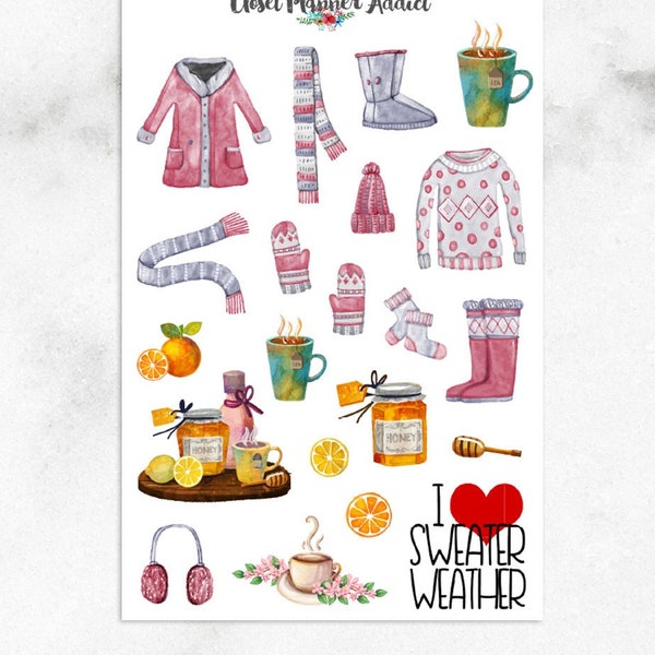 Winter Planner Stickers | I Love Sweater Weather Stickers | Winter Wear Stickers | Honey Lemon Tea Stickers (S-267)