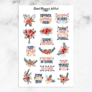 Adesivos de planejador com citações florais e flores coloridas | Adesivos florais | Adesivos de citações (S-618)