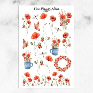 Aquarell Mohnblumen Sticker | Aquarell Blumen | Blumen Aufkleber | Mohnblumen Sticker (S-669)