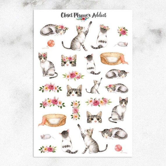 Watercolour Cats Planner Stickers | Cats Stickers | Watercolour Stickers |  Watercolour Cats | Floral Stickers | Cat Lovers (S-334)