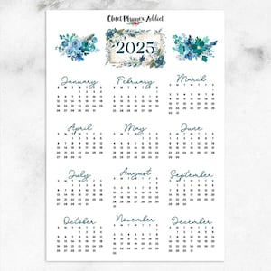 Pegatinas para planificador de calendario 2025 / Flores de color azul y verde / Pegatinas 2025 / Calendario 2025 / Pegatinas para calendario anual (FP-052)