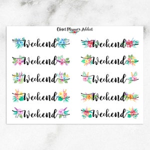 Script pinceau week-end avec autocollants pour agenda fleurs aquarelles tropicales (FP-003)