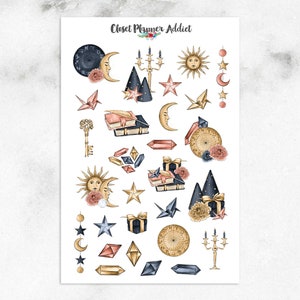 Adesivos para Planejador do Zodíaco | Adesivos de Cristais e Gemas | Adesivos Celestiais | Adesivos de Pedras Preciosas | Adesivos de Sol e Lua (S-527)