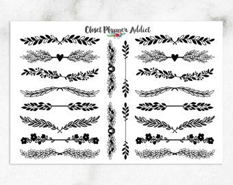 Stickers pour agenda avec bordures florales | Stickers floraux | Stickers floraux monochromes | Autocollants de journalisation | Décorations pour journaux (S-569)
