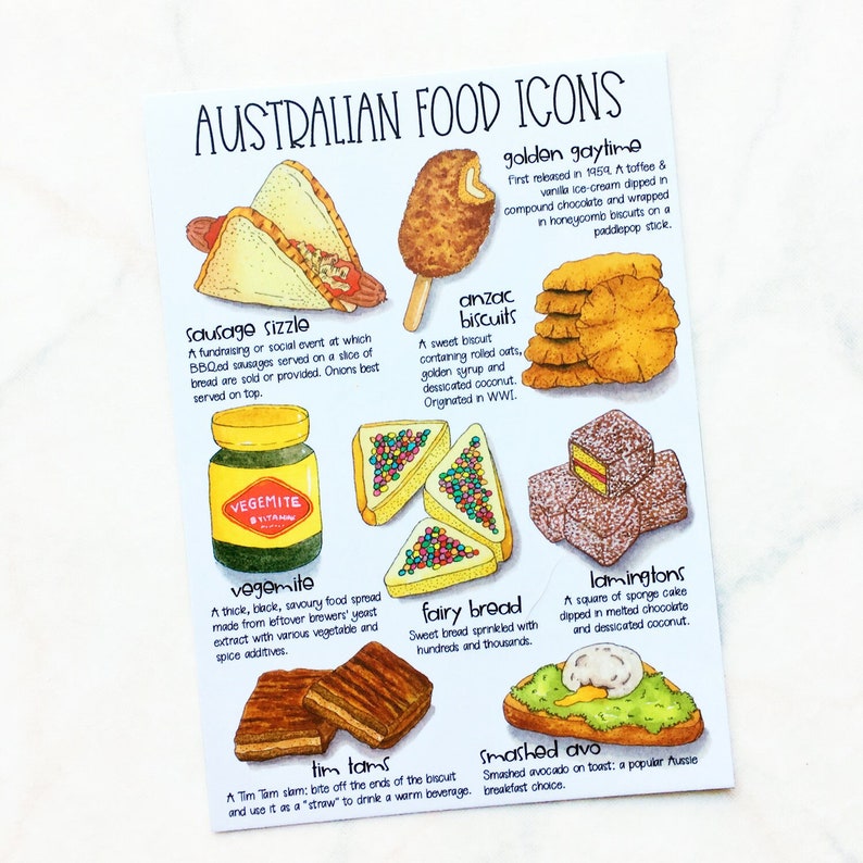 Australian Food Icons Postcard Hand Drawn Postcard Aussie Food Watercolour Postcard Sketched Postcard Postcrossing PC-002 image 1