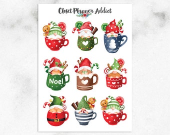 Cute Christmas Gnomes in Mugs Planner Stickers / Christmas 2022 / Christmas Mugs / Christmas Gnomes Stickers (S-653)