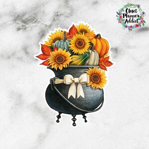 Pegatina troquelada con forma de caldero de girasoles y calabazas / Pegatina troquelada con forma de flores (DC-026)