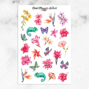 Pegatinas para planificador con motivos tropicales de verano / Pegatinas florales / Pegatinas florales de acuarela / Pegatinas de mariposas (S-452)