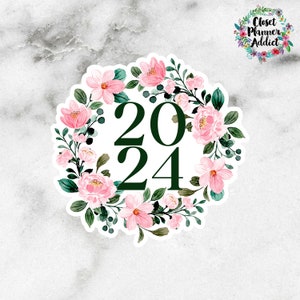 Pegatina troquelada 2024 / Pegatina troquelada con diseño floral rosa y verde (DC-040)