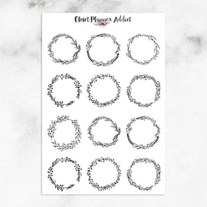 Bloemenkransen plannerstickers | Bloemenstickers | Kransstickers | Dagboekstickers | Zwart-witte stickers | Zwart-wit (S-265)