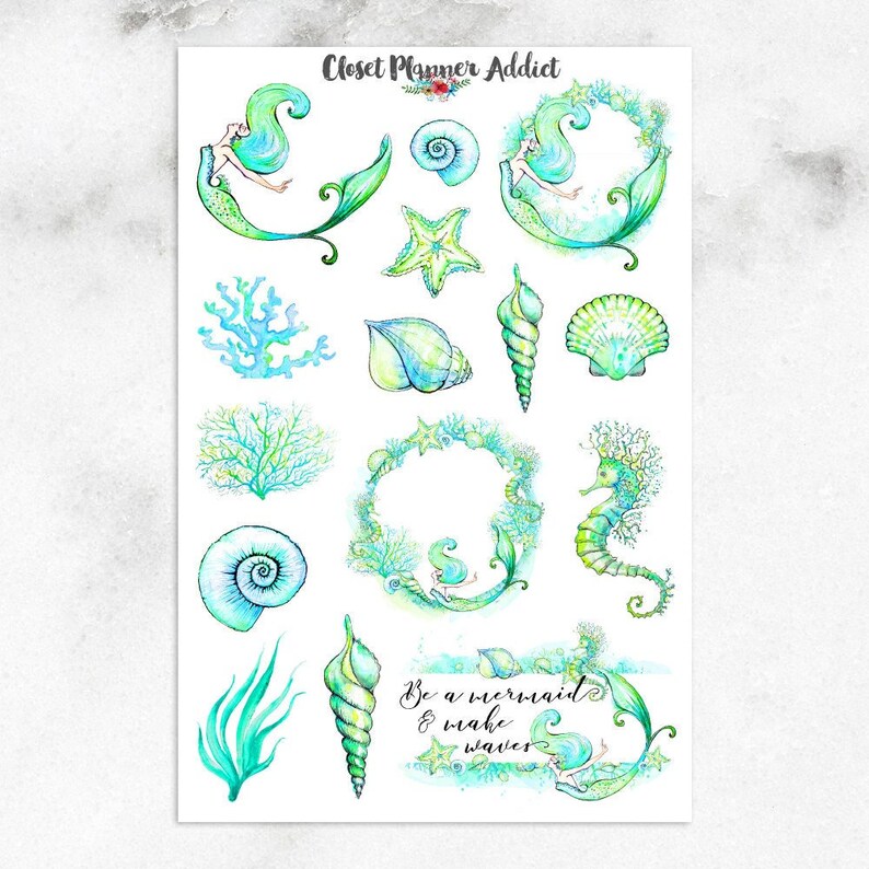 Watercolour Mermaids Planner Stickers Illustrated Watercolour Stickers Mermaid Stickers Mermaid Quote Shells S-225 image 1