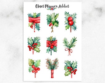 Acuarela Navidad Holly and Berries Planner Pegatinas / Navidad 2023 / Pegatinas de Navidad / Pegatinas de Navidad Holly (S-696)