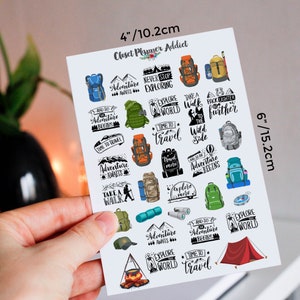 May include: A sheet of stickers featuring travel-themed designs. The stickers include backpacks, tents, and phrases like "Adventure Awaits" and "Time to Travel." The sheet measures 4 inches by 6 inches.
