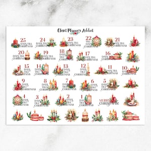Pegatinas para planificador de velas y cuenta regresiva de Navidad / Pegatinas de cuenta regresiva / Pegatinas de velas de Navidad / Acuarela navideña (S-692)
