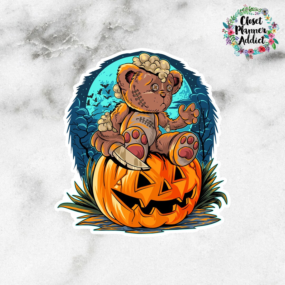 Halloween Teddy Bear and Pumpkin Die Cut Sticker Halloween 2021 ...