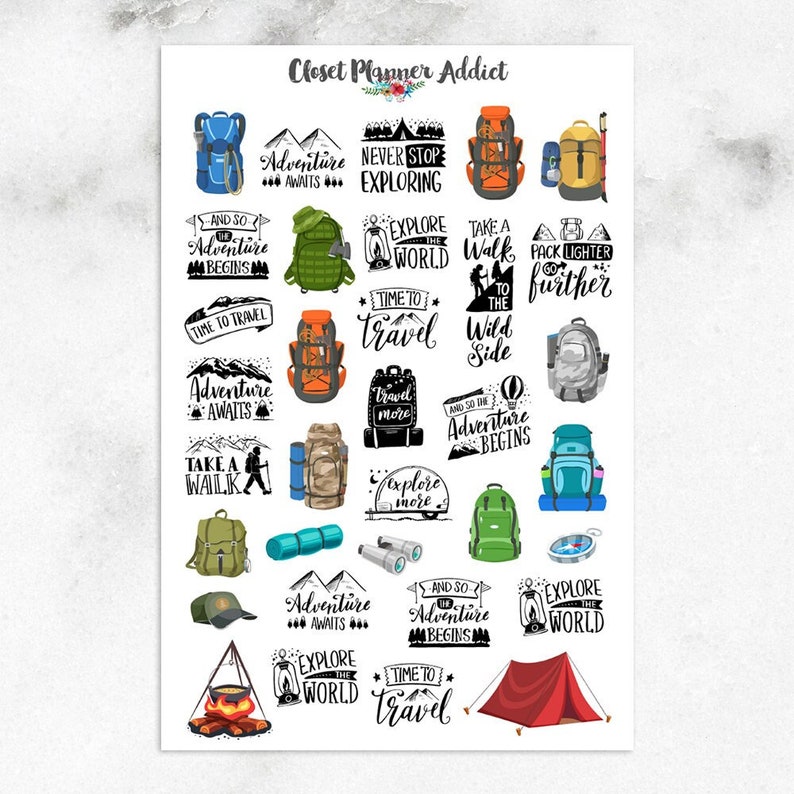 May include: A sheet of stickers featuring various outdoor adventure-themed designs. The stickers include illustrations of backpacks, mountains, tents, compasses, and phrases like "Adventure Awaits" and "Explore the World."
