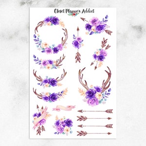 Pegatinas para planificador con guirnalda de flores de color violeta en acuarela (S-146)