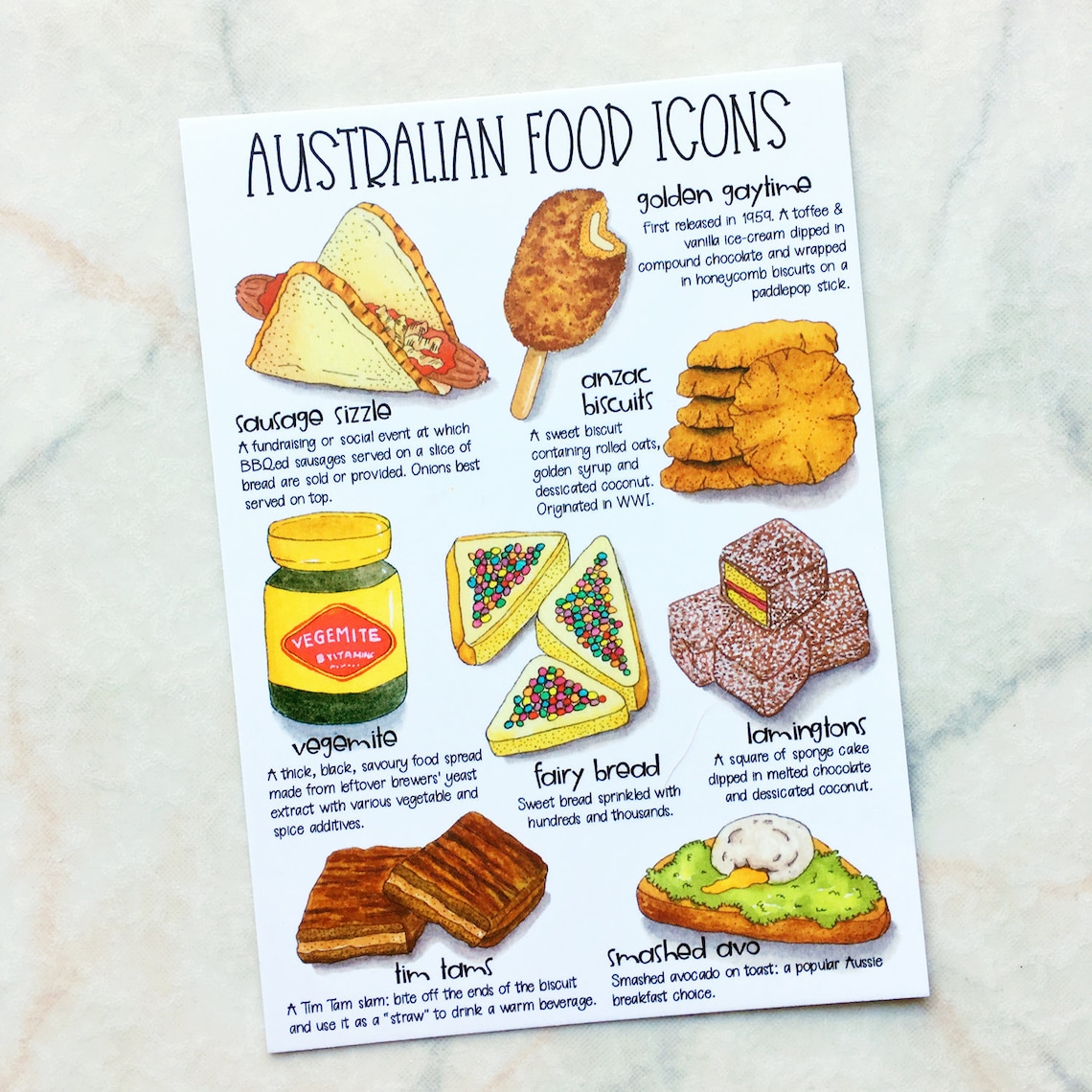 Australian Food Icons Postcard Hand Drawn Postcard Aussie Etsy Australia