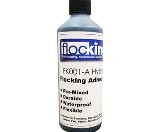 May include: A black bottle of FK001-A Hybrid Flocking Adhesive. The bottle is labeled with the text "flockin'" and "Flock coating, equipment & supplies". The adhesive is pre-mixed, durable, waterproof, and flexible. It is suitable for use on concrete, ceramics, wood, carpet, felt, fabric, metals, and more.