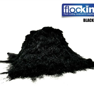 May include: A pile of black flocking material, 2mm in size, against a white background. The image includes the text "flocking" in a blue banner, along with the words "Flock coating, equipment & supplies."