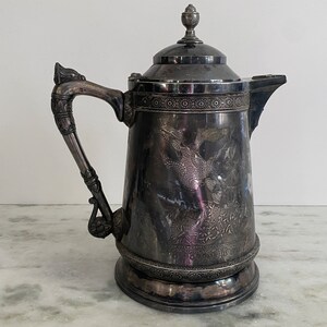 Antique Meriden Silver Plated Water Pitcher: Victorian Etched Bird Design