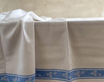 Vintage blue boarder Tablecloth | White Embossed cottage Linen