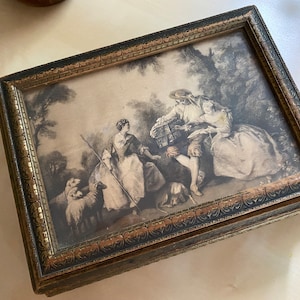 Vintage Wooden Jewelry Box: Antique Pastoral Scene Trinket Box