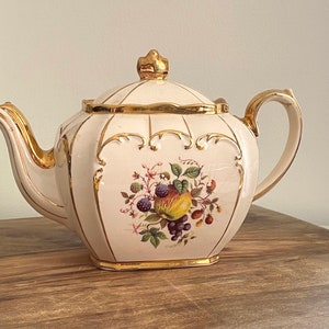Antique Sadler Square Teapot: 1930s Fruit Motif, Heavy Gold Trim