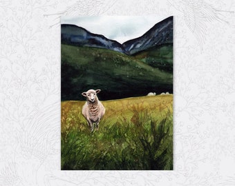 Sheep on a Hill Watercolor Painting Wall Art Print Unframed