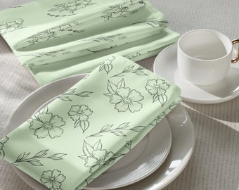 Floral Line Art Cloth Napkin Set of 4 - Light Green